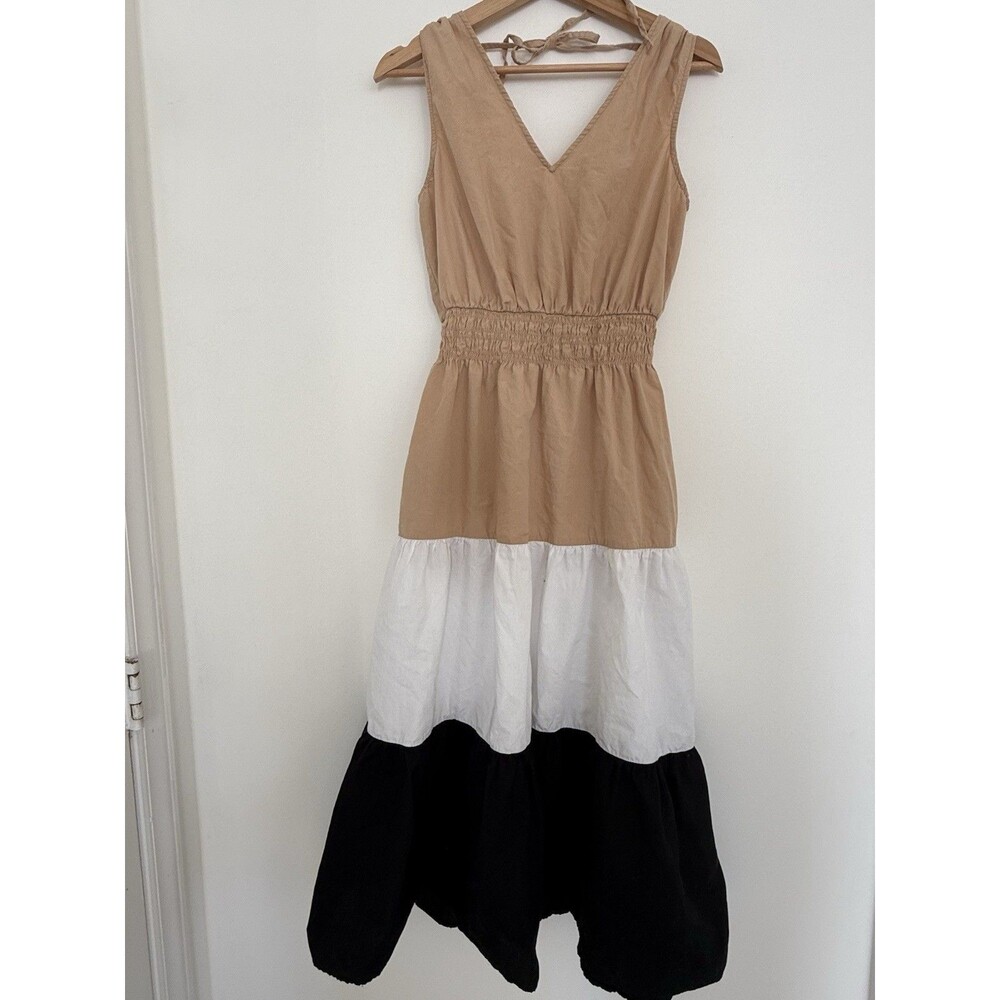 ✿ 1.STATE Colorblock Tiered Maxi Dress S – Boho Neutral Black White Tan